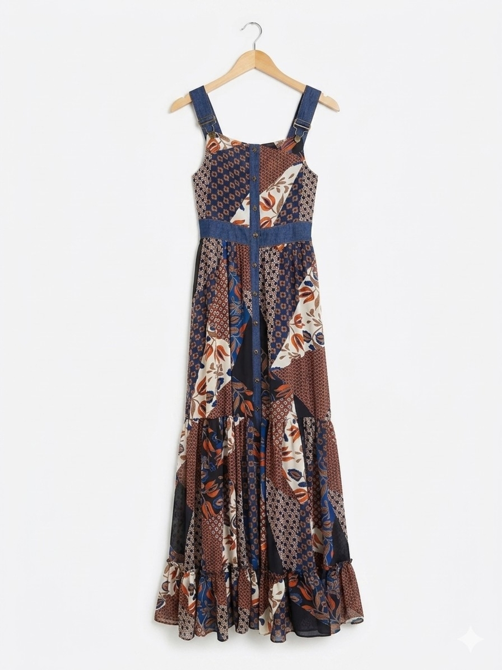 TOV Los Angeles Patchwork Denim Straps Floral Tiered Maxi Dress Size 38